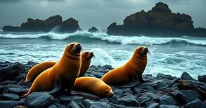 Four Seals On A Rocky Beach