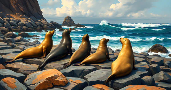 Five Seals Watching Waves Print