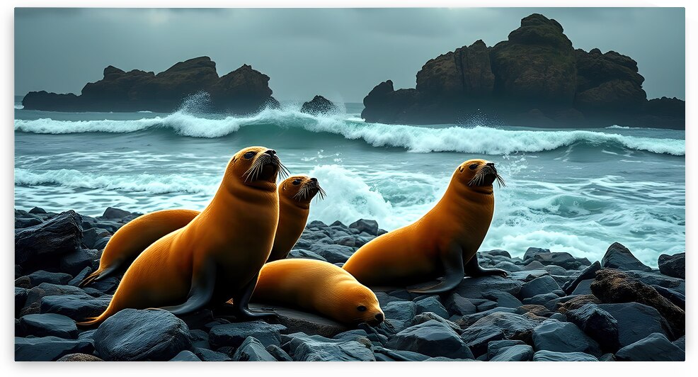 Four Seals On A Rocky Beach by Adam Holms