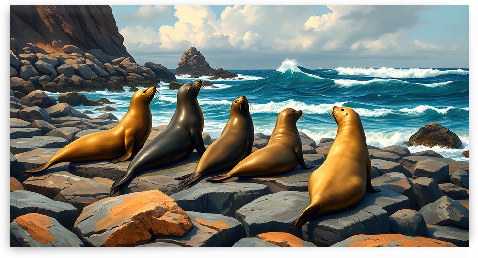 Five Seals Watching Waves by Adam Holms