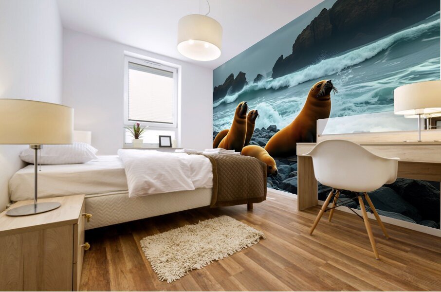 Four Seals On A Rocky Beach Mural print