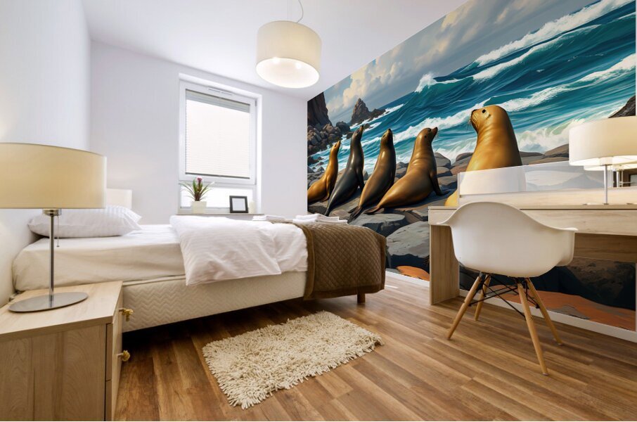 Five Seals Watching Waves Mural print
