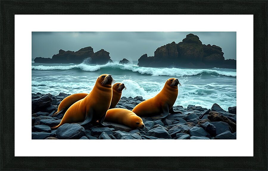 Four Seals On A Rocky Beach Picture Frame print