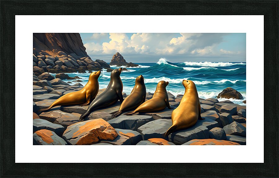 Five Seals Watching Waves Picture Frame print