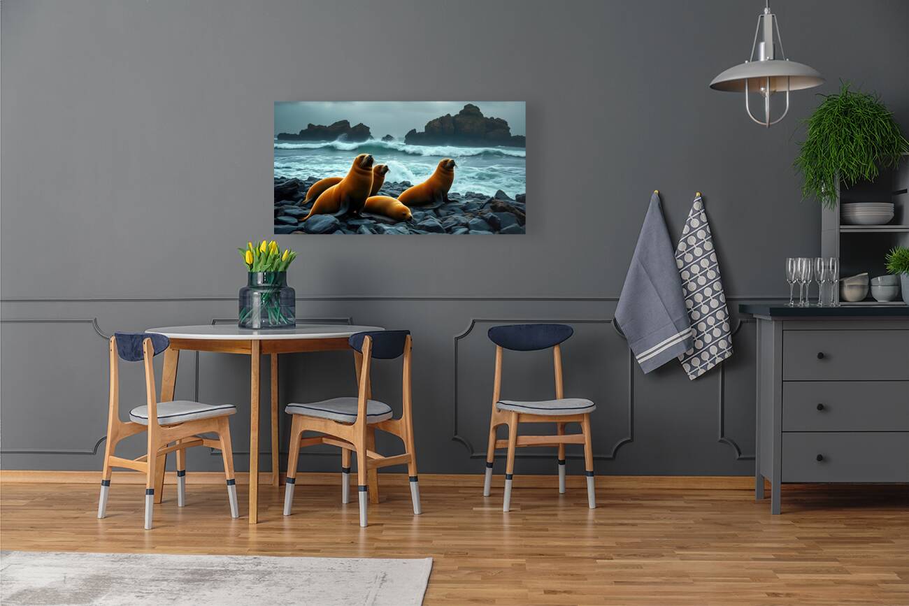 Four Seals On A Rocky Beach Reproduction