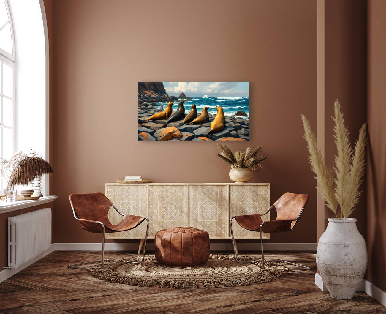 Five Seals Watching Waves Reproduction